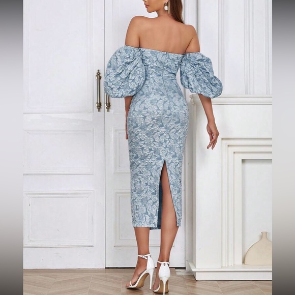 Luxe dusty blue floral jacquard off shoulder party formal evening dress - Picture 2 of 16